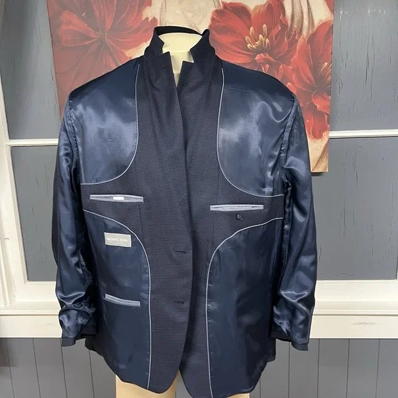 Michael Kors Blazer Jacket Sport Coat Men 50R Polyester Blend Stretch Navy/Brown - Picture 11 of 11